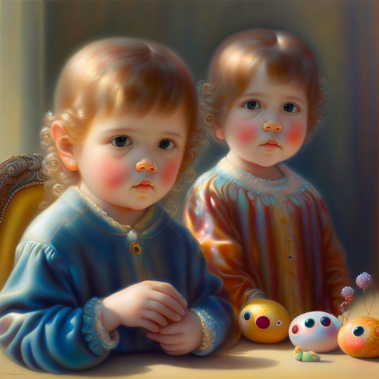 Rosy-cheeked toddlers in blue and yellow with whimsical toy creatures