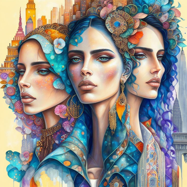 Three women with ornate headpieces and colorful makeup in front of a fantastical cityscape.