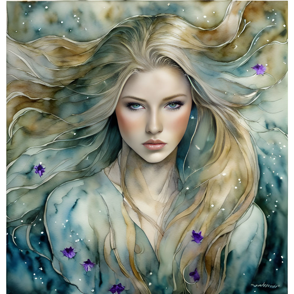 Illustration of woman with flowing hair and blue eyes in soft blue and green setting with purple flowers