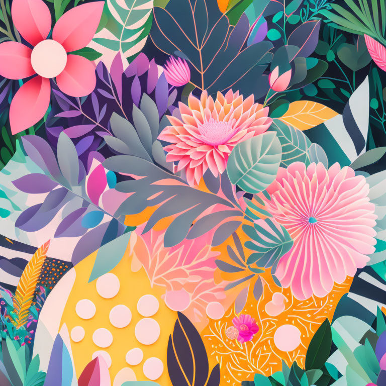 Colorful Botanical Illustration Featuring Pink, Purple, Green, and Yellow Flowers