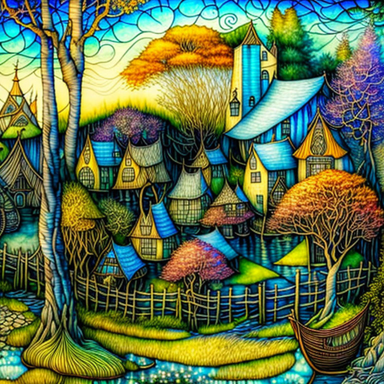 Colorful Stylized Village Illustration with Curved Buildings and Trees