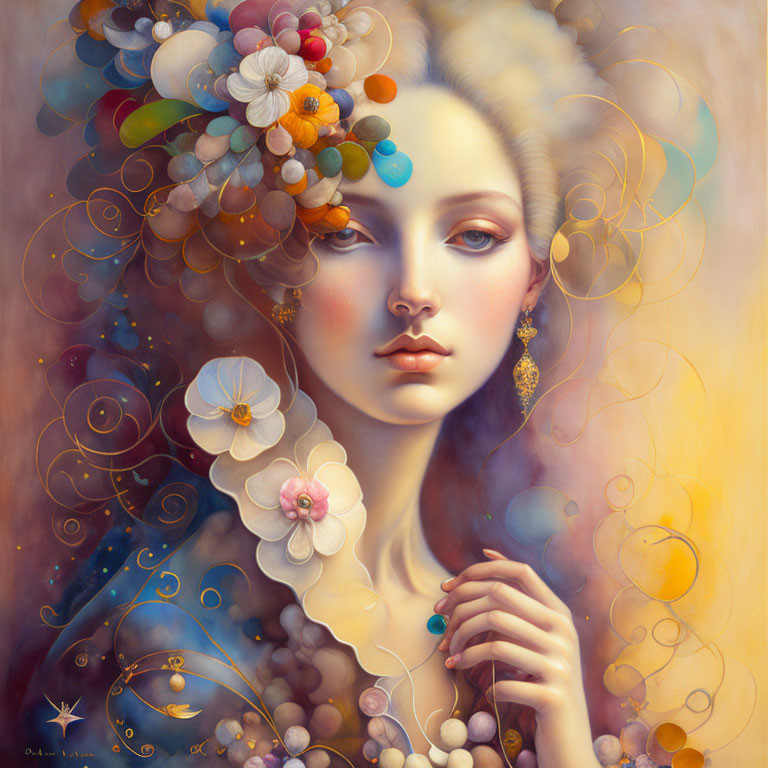 Surreal portrait of a woman with floral hair and swirling patterns