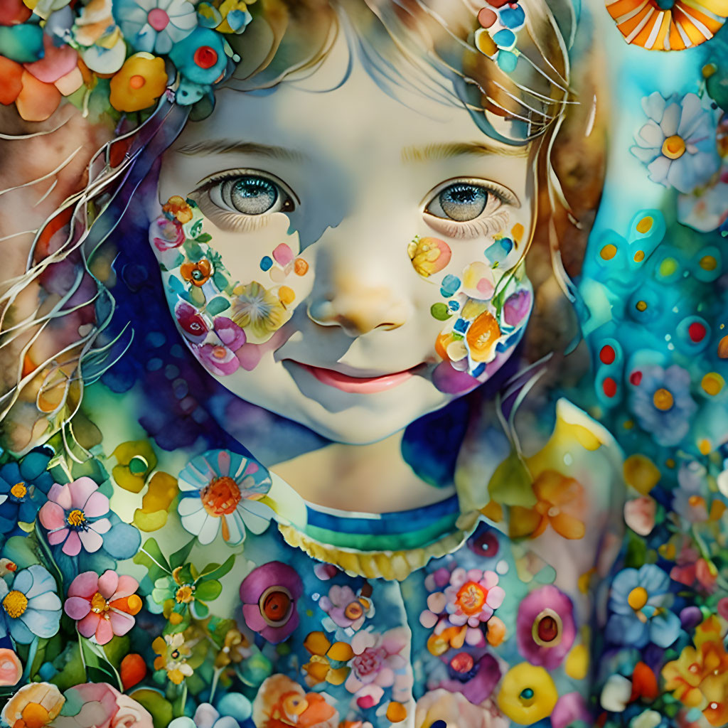 Colorful digital artwork: Young girl with floral patterns in ethereal portrait