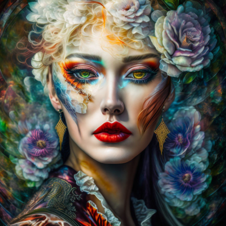 Colorful makeup woman with gold leaf tears and flower halo