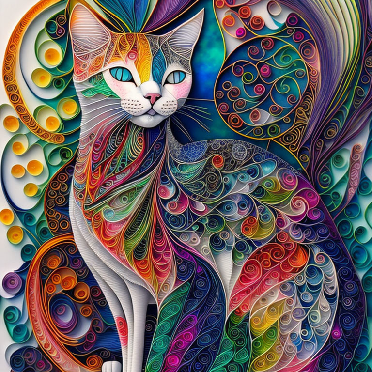 Vibrant quilled cat artwork with swirling patterns