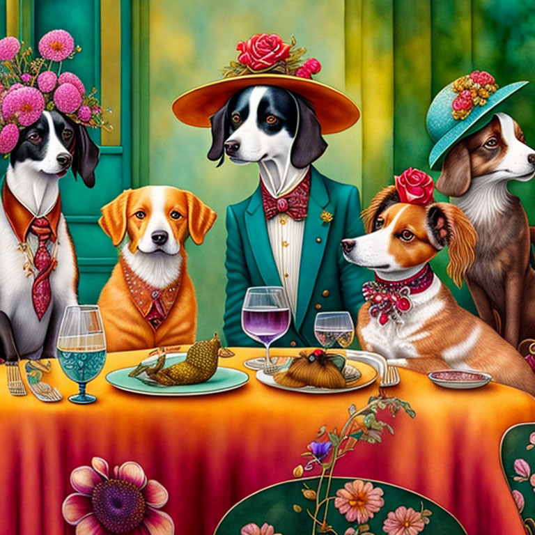 Four dogs in human attire at colorful table with fruit and glasses, floral backdrop