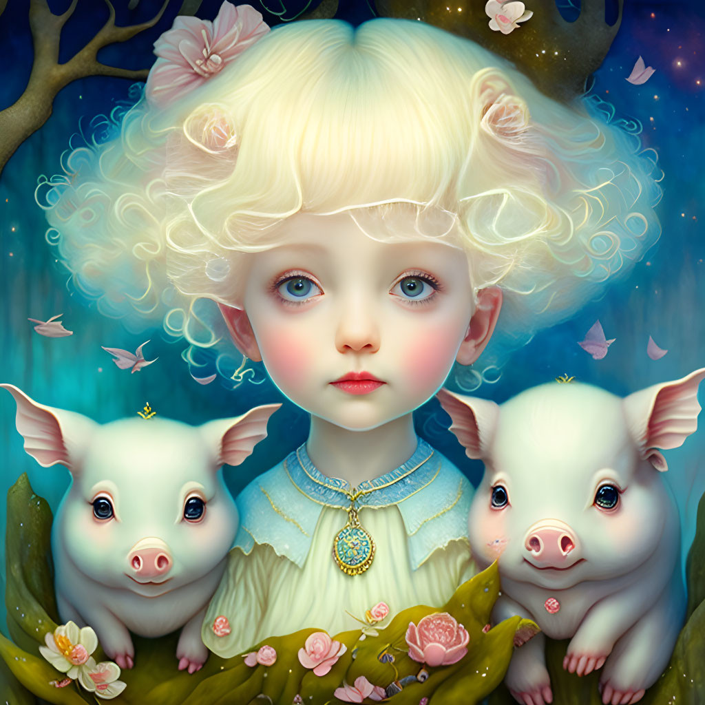 Young girl with blue eyes, blond hair, pigs, blossoms, and butterflies