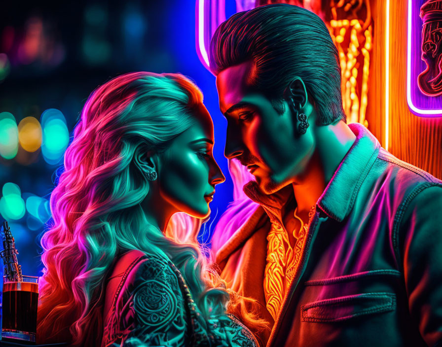 Vibrant neon-lit man and woman illustration in nightlife setting