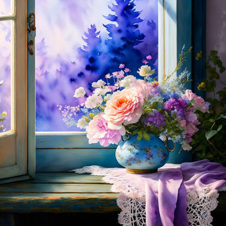 sunny window with pretty watercolor flowers