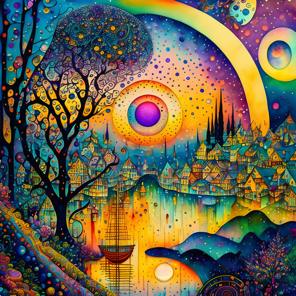 Colorful Tree, Moon, Planets, Cityscape in Dreamlike Painting