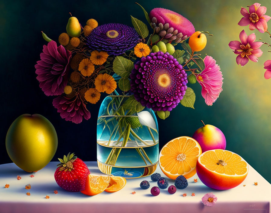 Colorful still life painting with fruits, flowers, and berries on a table