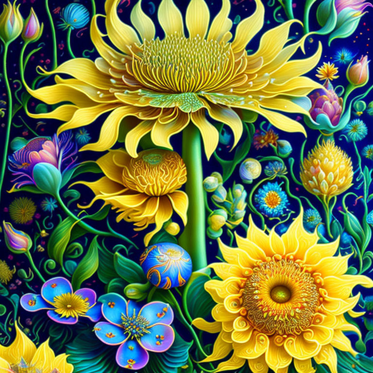 Detailed digital artwork: Large yellow flower surrounded by stylized flora on dark backdrop