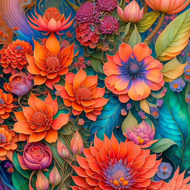 Colorful Stylized Flower Artwork in Orange, Red, and Pink