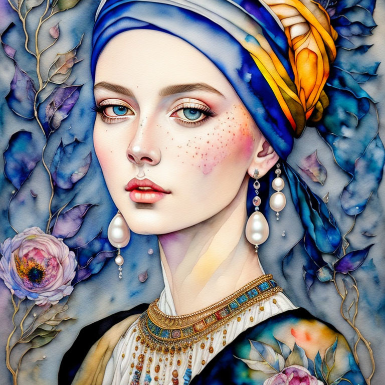 Detailed illustration of woman with blue eyes, blue & yellow headscarf, pearl earrings, decorative necklace