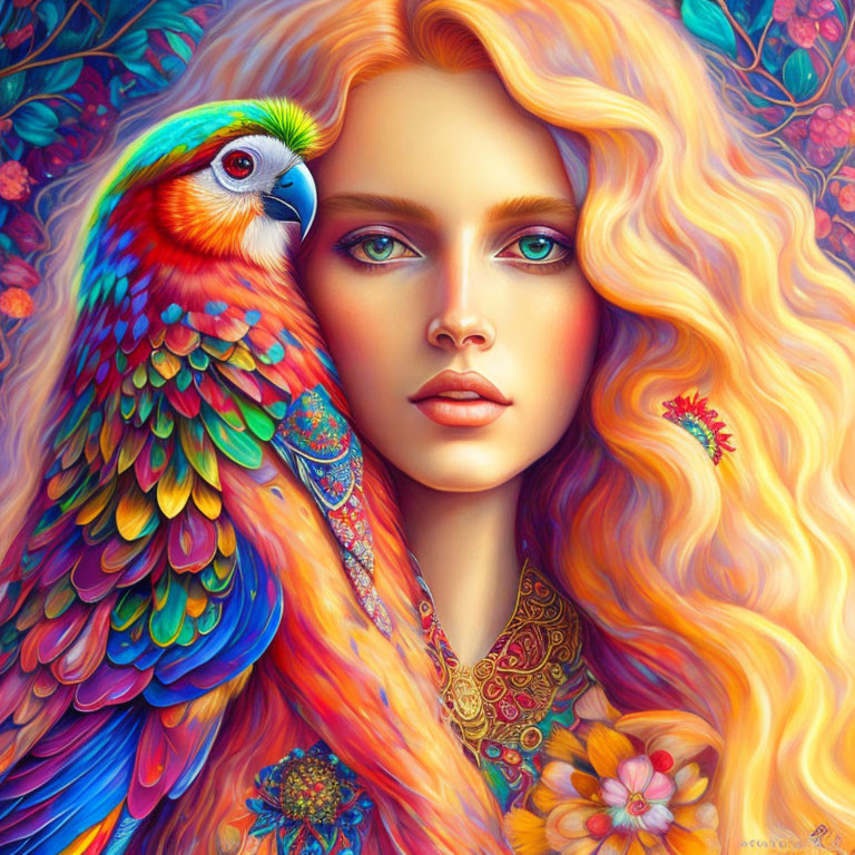 Vibrant woman with golden hair and green eyes beside colorful parrot