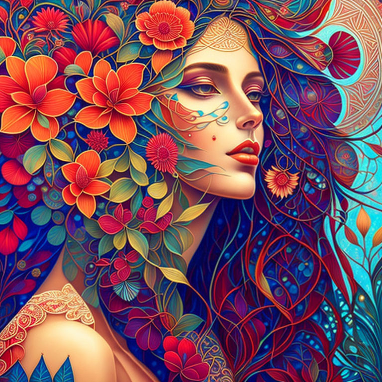 Vibrant blue hair woman with colorful flowers and intricate patterns