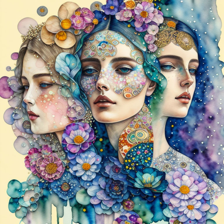 Stylized female faces with floral and celestial motifs on dreamy cosmic background