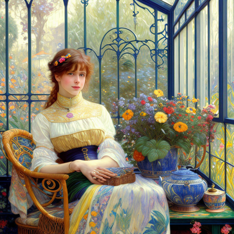 Victorian-era lady in yellow dress by flowery conservatory window with book