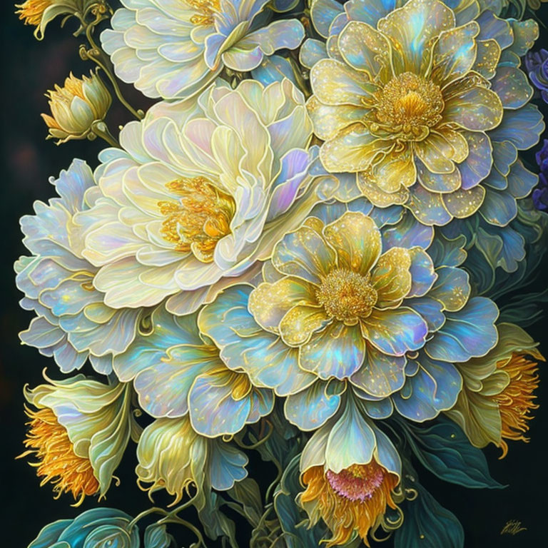 Detailed Yellow and Blue Flowers on Dark Background