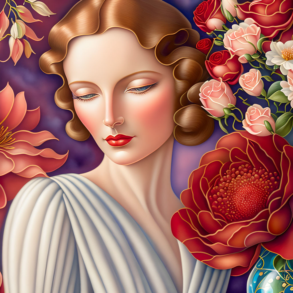 Stylized woman with wavy hair among red flowers and blue fabric