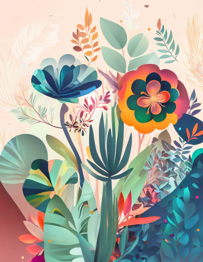 Colorful Stylized Flowers and Leaves on Soft Pastel Background