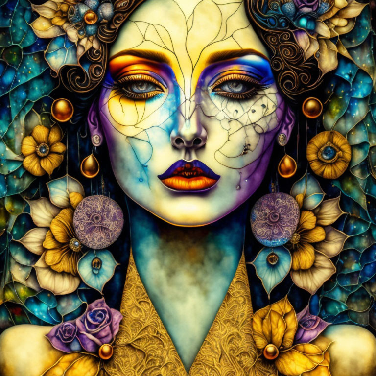 Colorful symmetrical face with floral and intricate patterns in a mystical theme