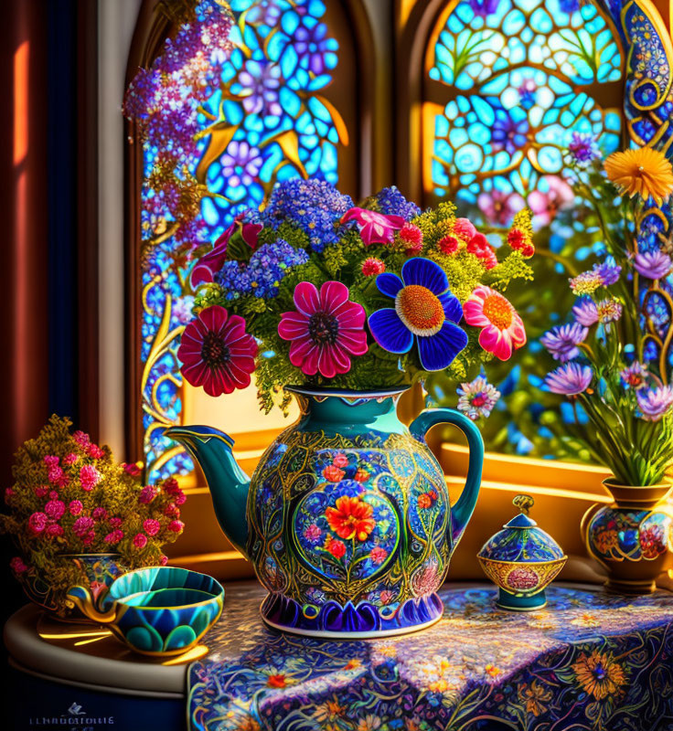 Vibrant flower bouquet in ornate teapot with cup on patterned cloth near stained glass window