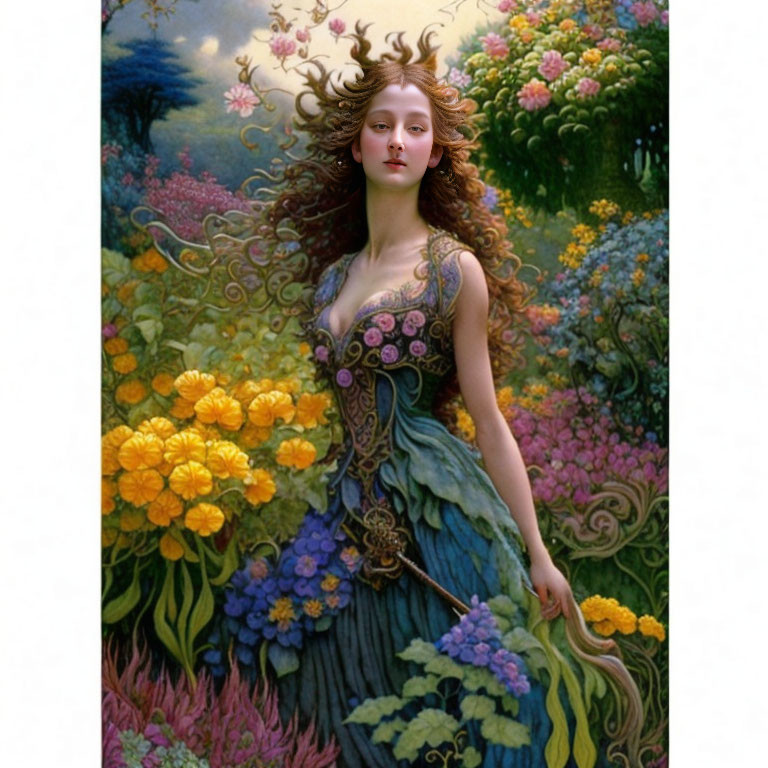 Woman's portrait merged with fantastical floral scene featuring flowing hair, floral dress, and vibrant flowers.