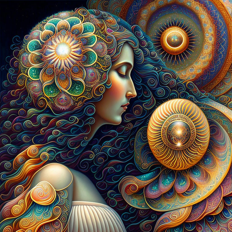 Colorful illustration of woman with intricate hair patterns and abstract eye designs