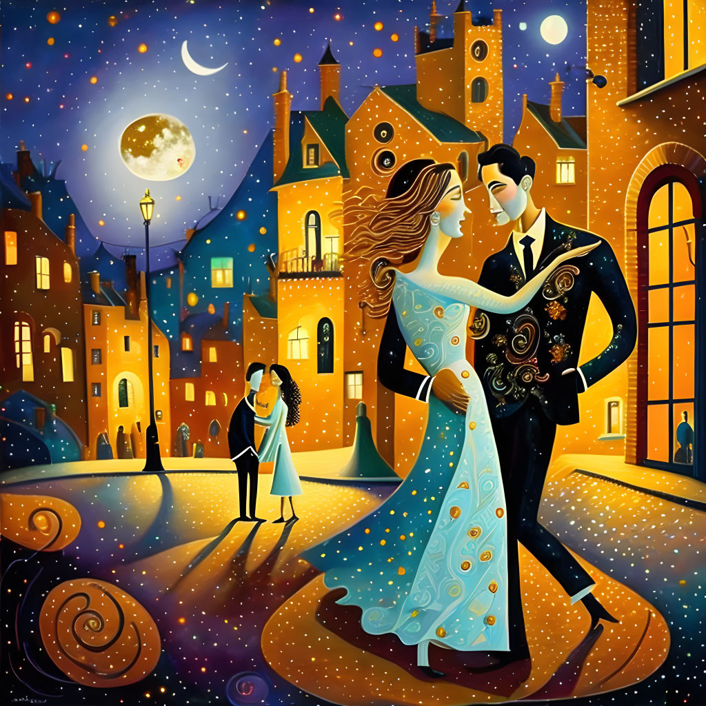 Whimsical illustrated couple dancing under starry sky in vibrant townscape