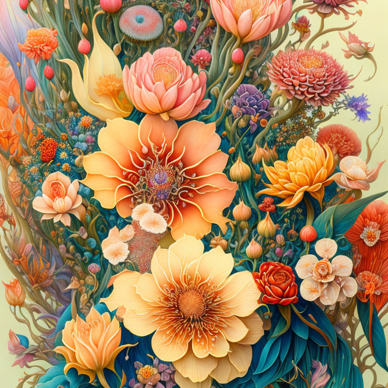 Detailed botanical painting of vibrant colorful flowers and intricate petals.