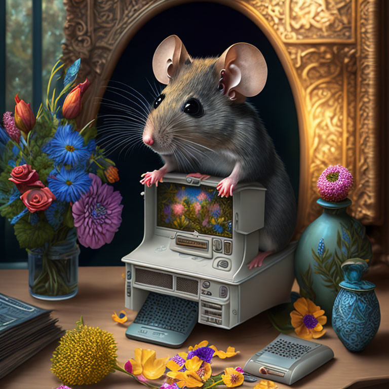 Mouse on vintage radio with flowers in cozy scene