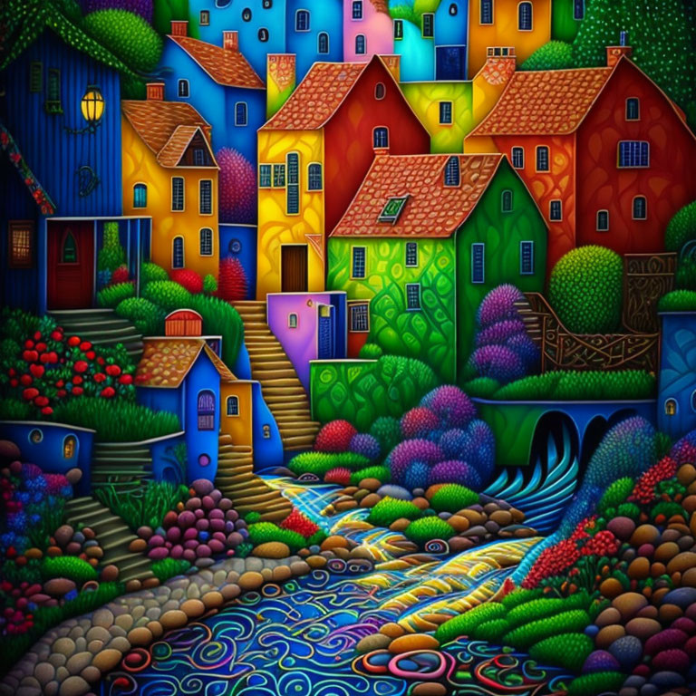 Colorful Stylized Village Scene with Cobblestone Paths and River