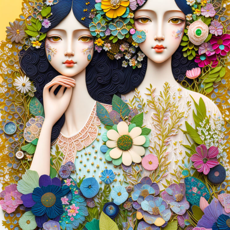 Stylized female figures with vibrant floral elements and intricate patterns