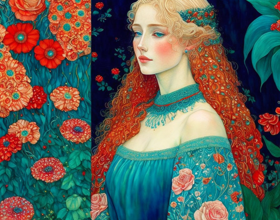 Portrait of Woman with Red Hair in Blue Dress and Floral Surroundings