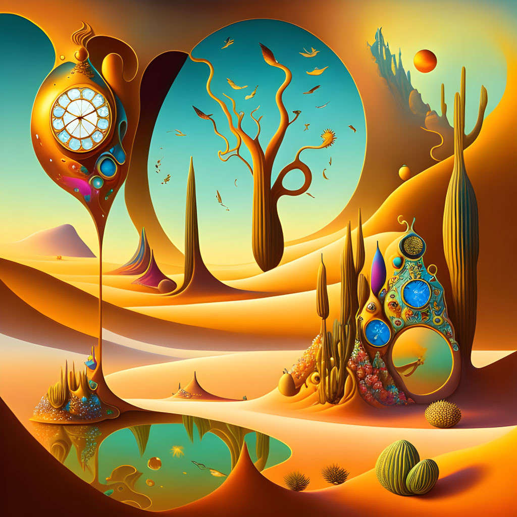 Surreal landscape with colorful structures and golden sky