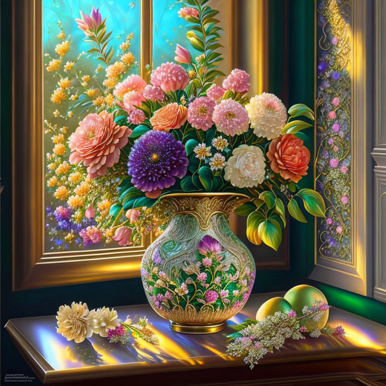 Colorful flowers in detailed vase under stained-glass sunlight