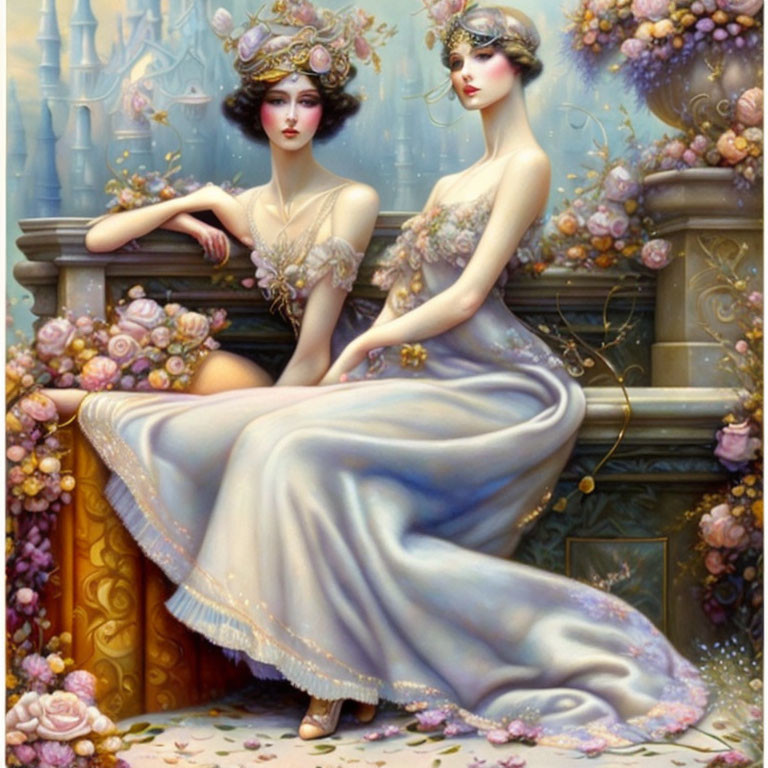 Two women in elegant gowns by floral backdrop with castle - fairytale elegance