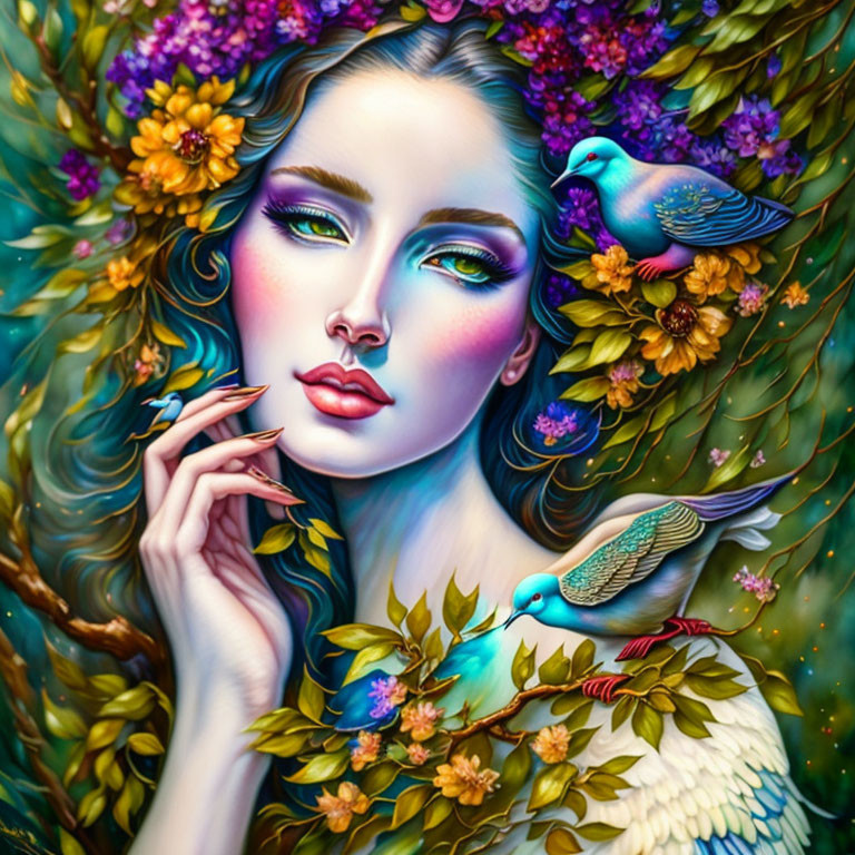 Vibrant makeup woman with flowers and birds in colorful illustration