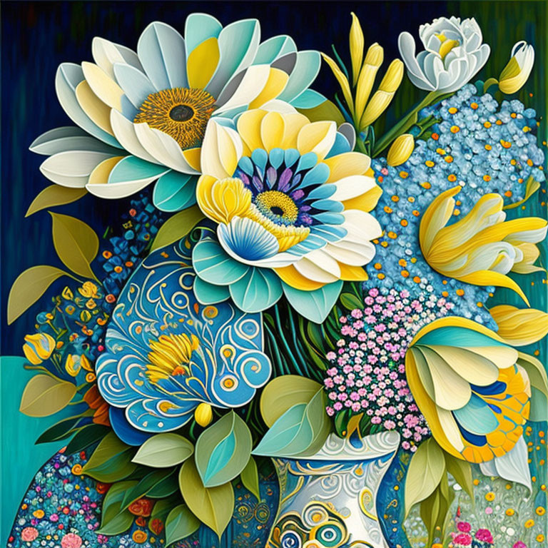 Colorful Floral Painting with Intricate Patterns in Blue, Yellow, and Green