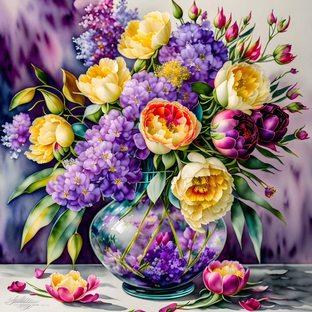 Colorful Flower Bouquet in Clear Glass Vase on Soft Background