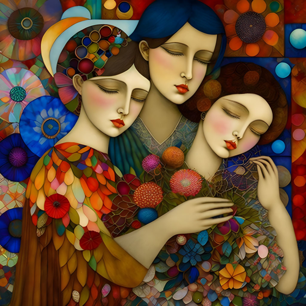 Stylized women in vibrant mosaic embrace