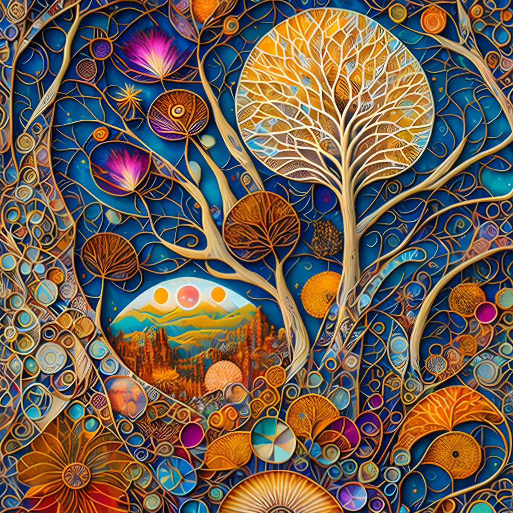 Colorful Whimsical Tree Artwork with Swirling Patterns