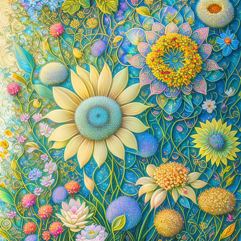 Colorful Floral Painting with Intricate Patterns and Shimmering Textures