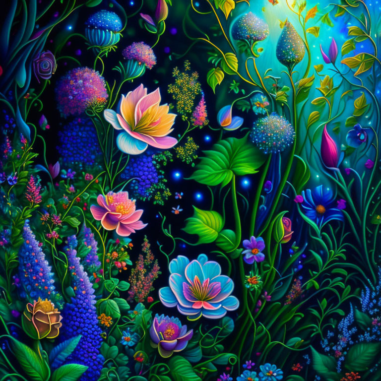 Colorful fantasy botanical illustration on dark blue background