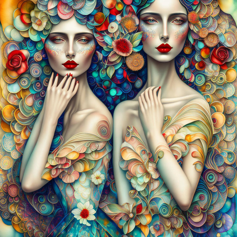 Twin female figures in butterfly wing attire with floral patterns amid vibrant flowers on textured background