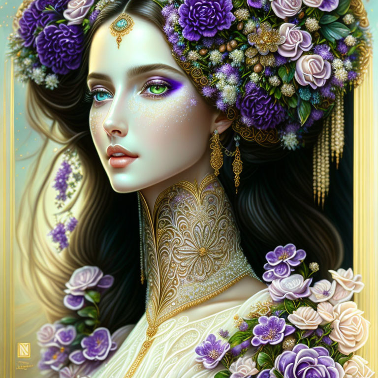 Digital artwork: Woman with floral crown, green eyes, gold jewelry, white & gold outfit