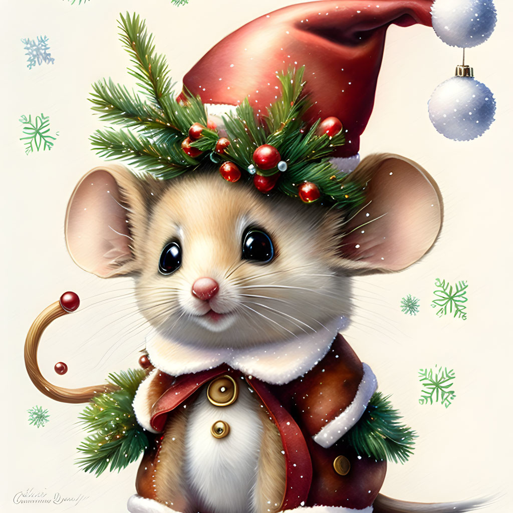 Winter-themed mouse illustration with Santa hat and holly berries coat in snowfall