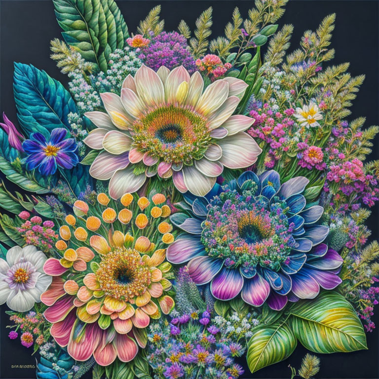 Colorful Flower Bouquet Painting on Dark Background