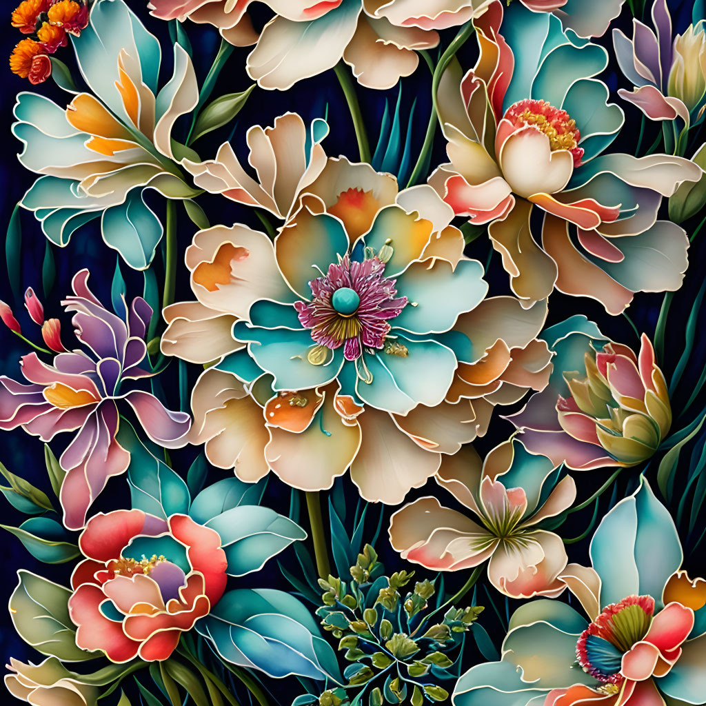 Colorful digital artwork: Stylized floral arrangement in blues, oranges, and whites